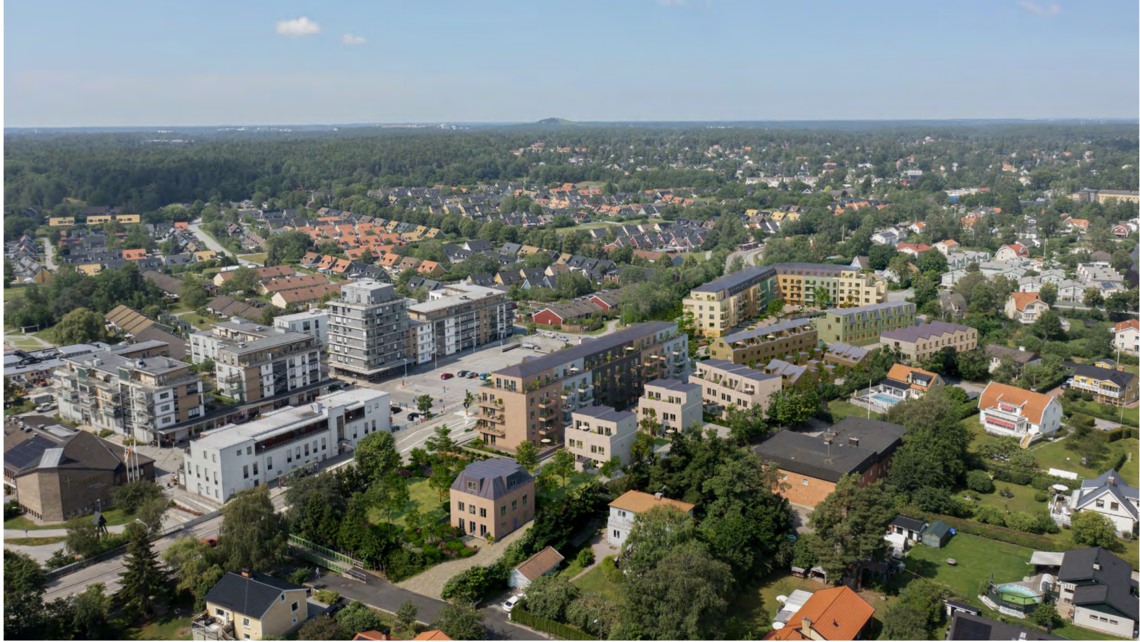 OBS! Illustration - inritat hus på bilden längs Enebybergsvägen som inte finns i dag (okt 2025). Samrådsförslag.