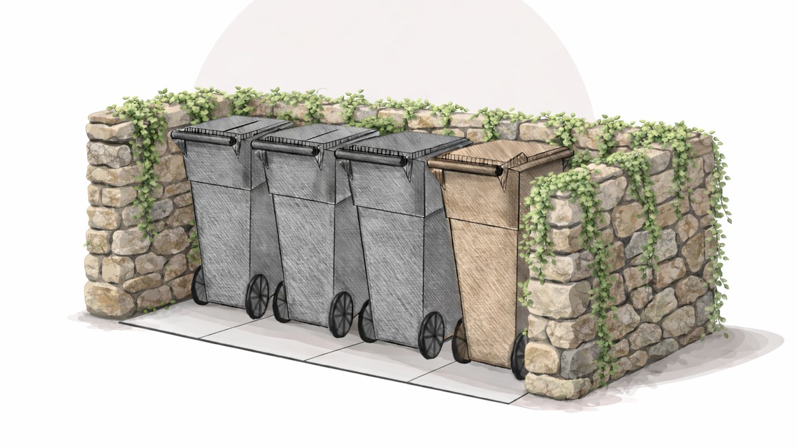 En illustration över fyra tunnor inramade med stenar och murgröna.